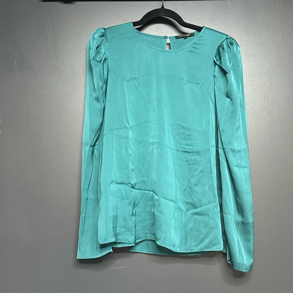 NWOT Kobi Halperin Lois Silk Blend Puff Shoulder Blouse Teal M - Picture 2 of 9